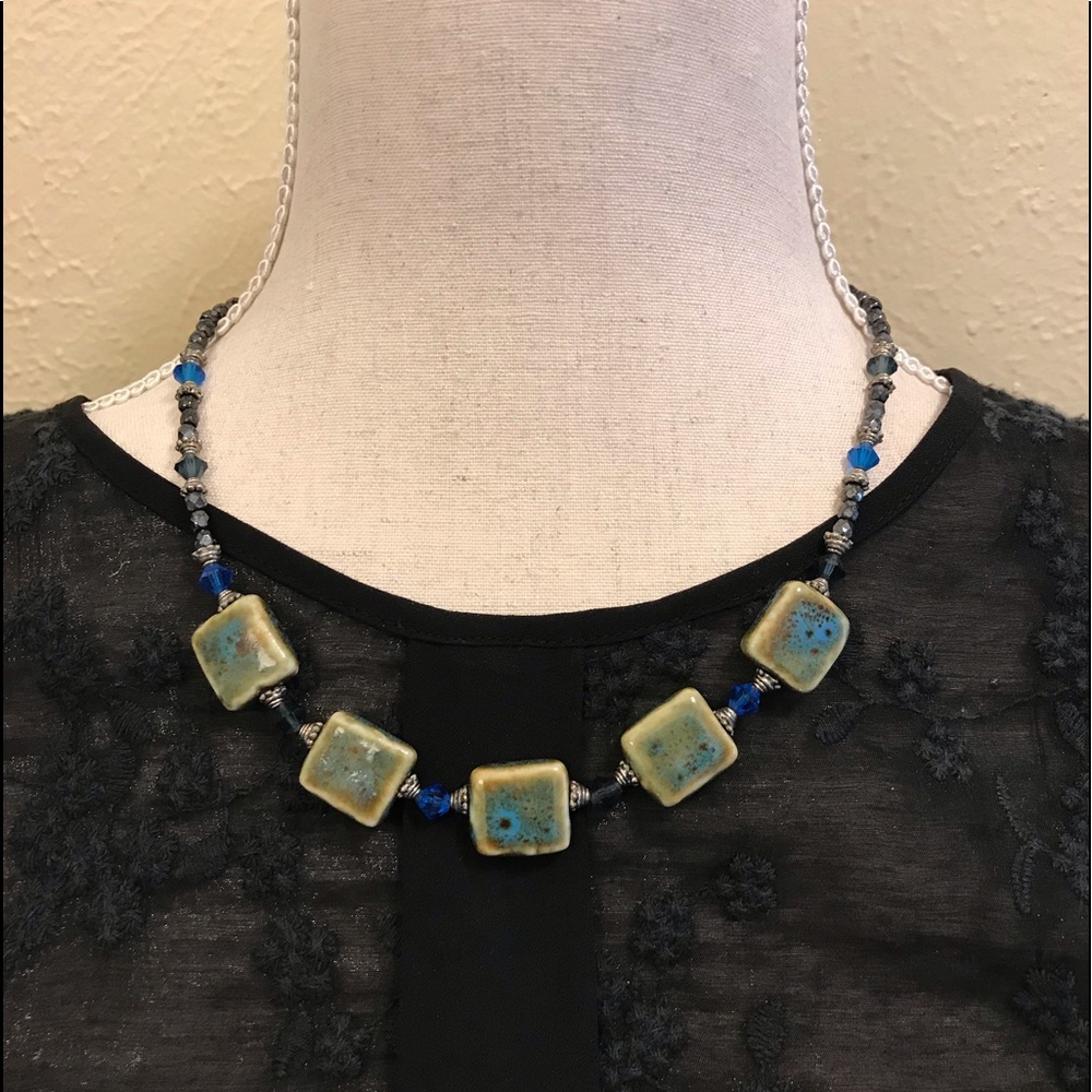 Square stone and beaded necklace